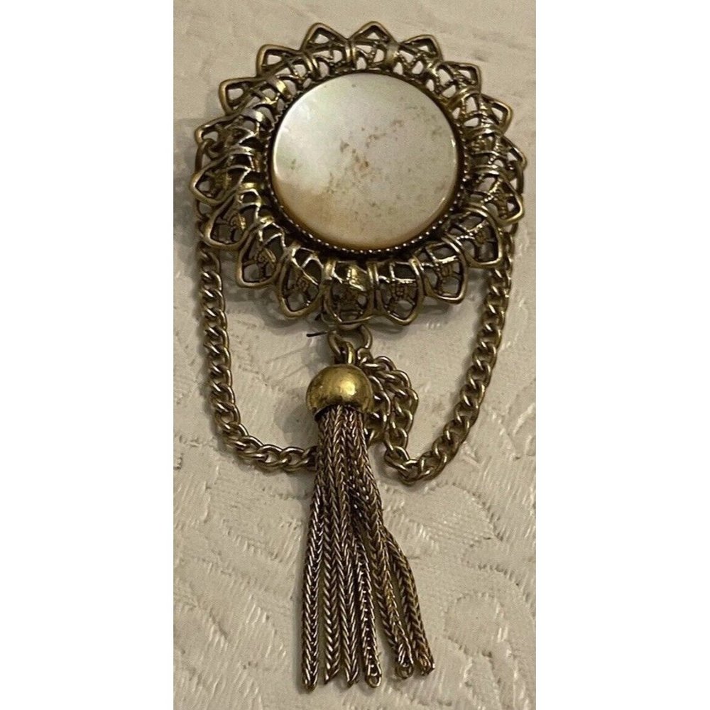 Victorian Tassel Brooch Mother Of Pearl Gold Filigree Pin 2”